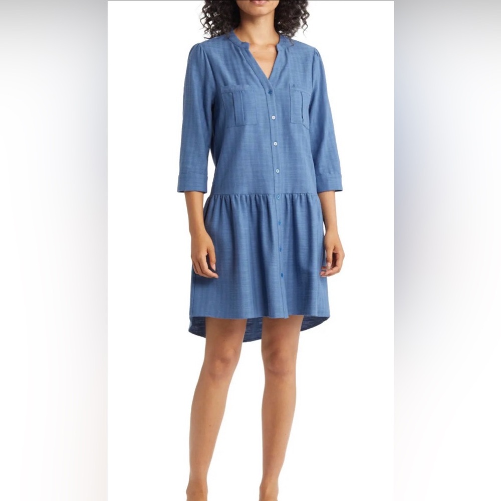 Blue Button-Front Shirt Dress